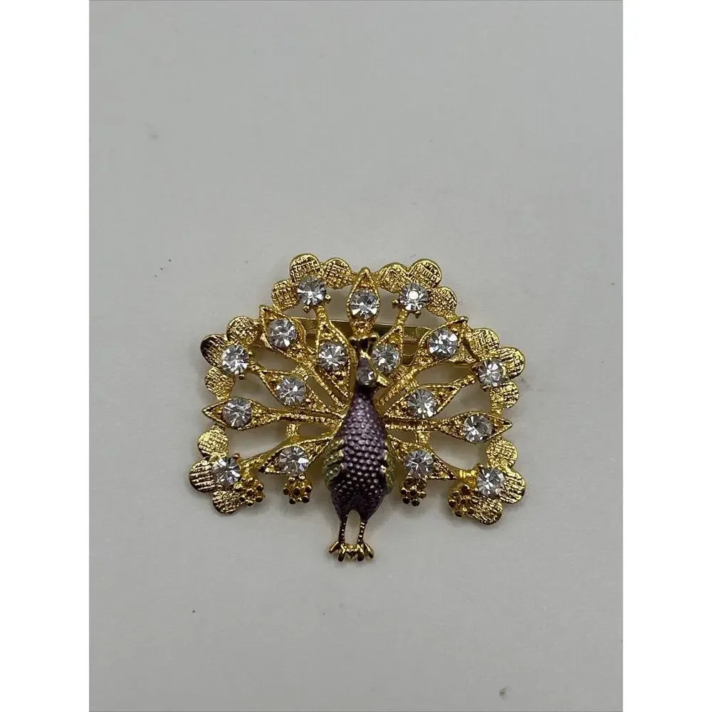 Rhinestone Peacock Lapel Pin Figural Brooch Gold Tone Luxury Pinback Button‎